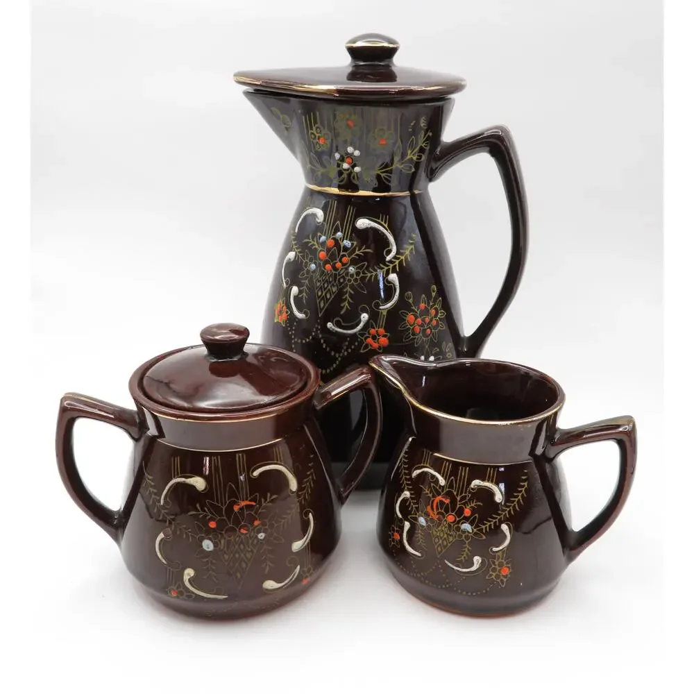 Vintage Japan Redware Moriage Coffee Set Pot, Creamer & Sugar Bowl Brown Floral